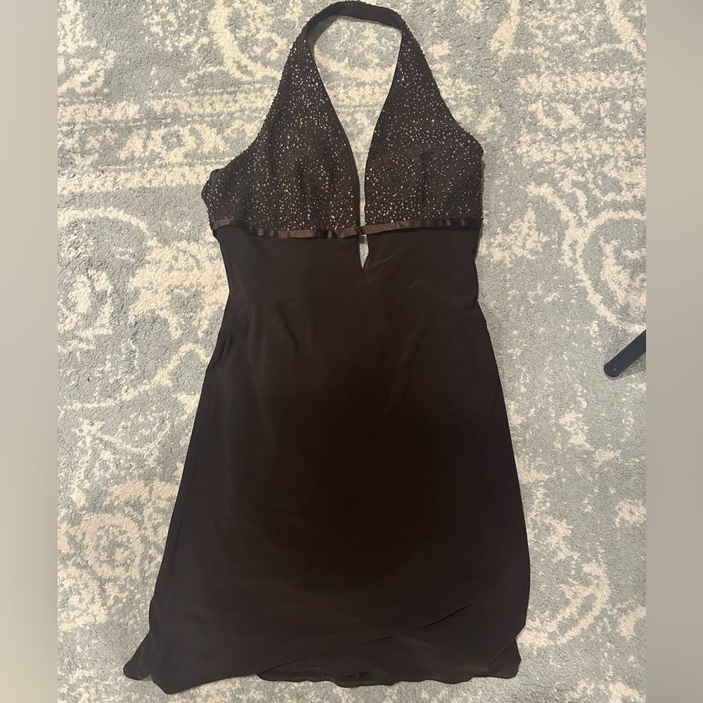 Brown beaded halter cocktail dress-Laundry by Shelli Segal